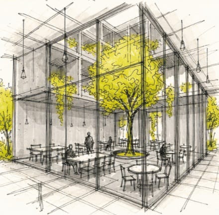 Architectural sketch of a modern interior space with central tree
