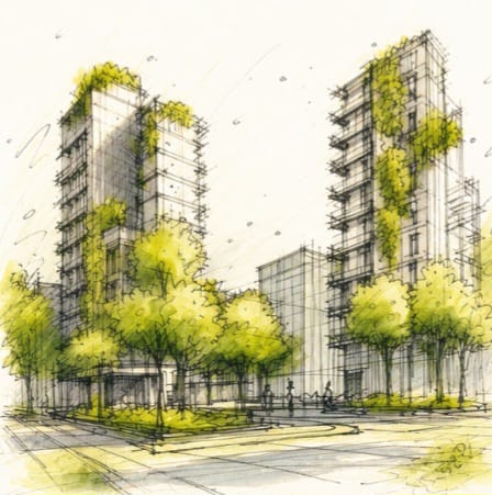 Architectural sketch of urban towers with green landscaping