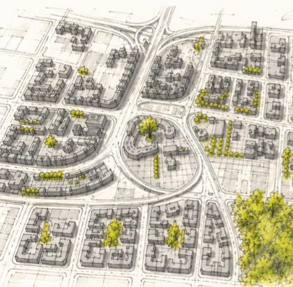 Urban planning sketch showing community spaces and building layouts